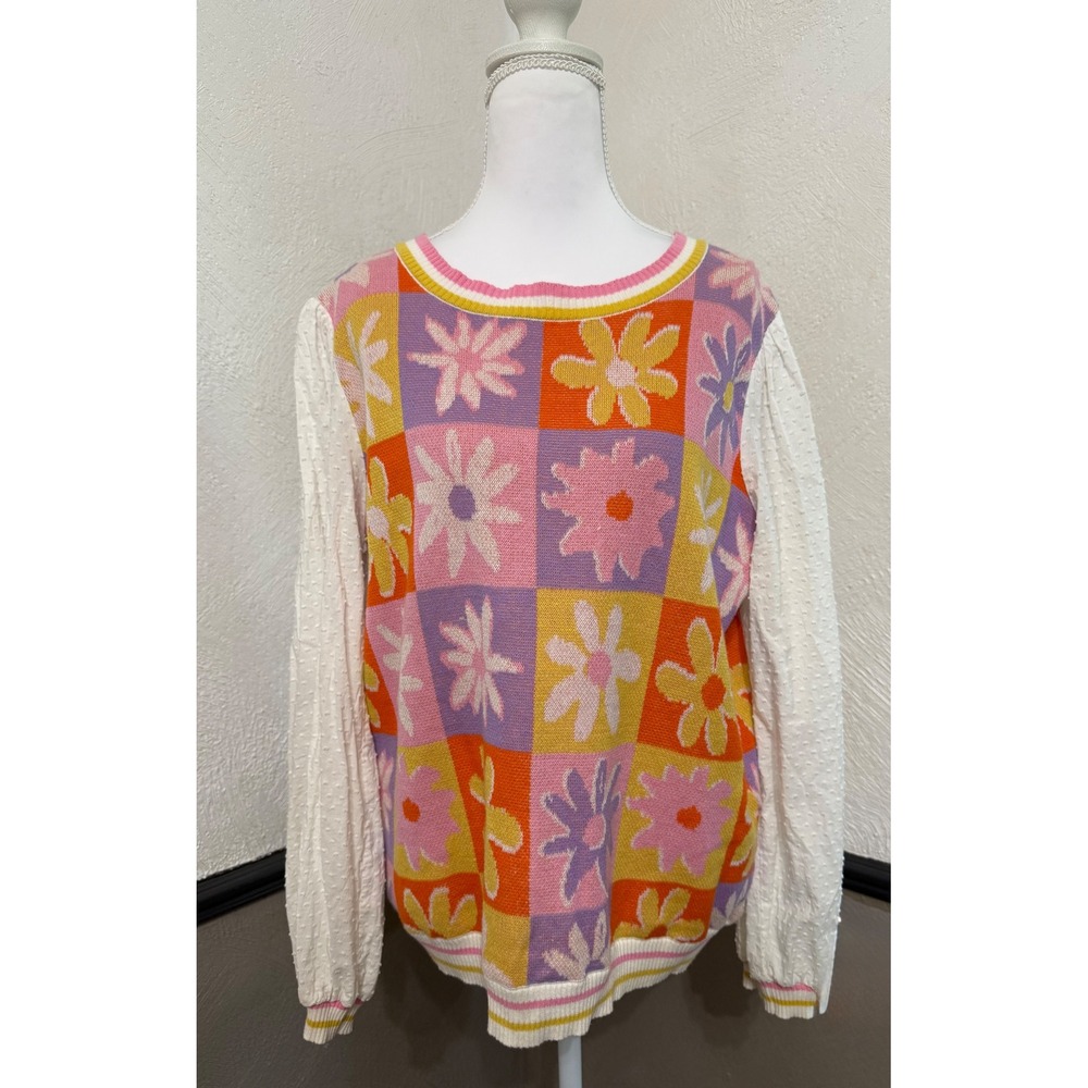 FATE Women's Medium Floral Sweater White Eyelet Sleeve 70s Boho Vintage Inspired